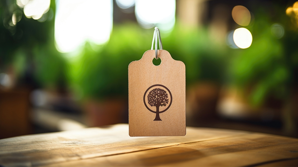 Generated by AI - Closeup of a small tag attached to a clothing item, indicating its ethical and sustainable production.